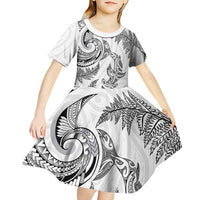 New Zealand Sea Animals with Maori Tribal Tattoo Kid Short Sleeve Dress Shark Manta Ray with Silver Fern White LT03 - Polynesian Pride