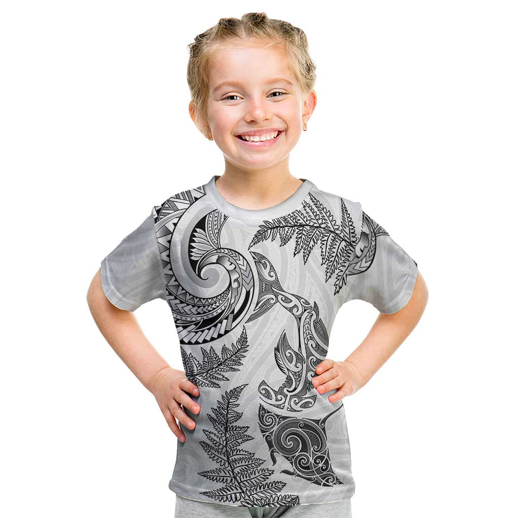 New Zealand Sea Animals with Maori Tribal Tattoo Kid T Shirt Shark Manta Ray with Silver Fern White LT03 White - Polynesian Pride