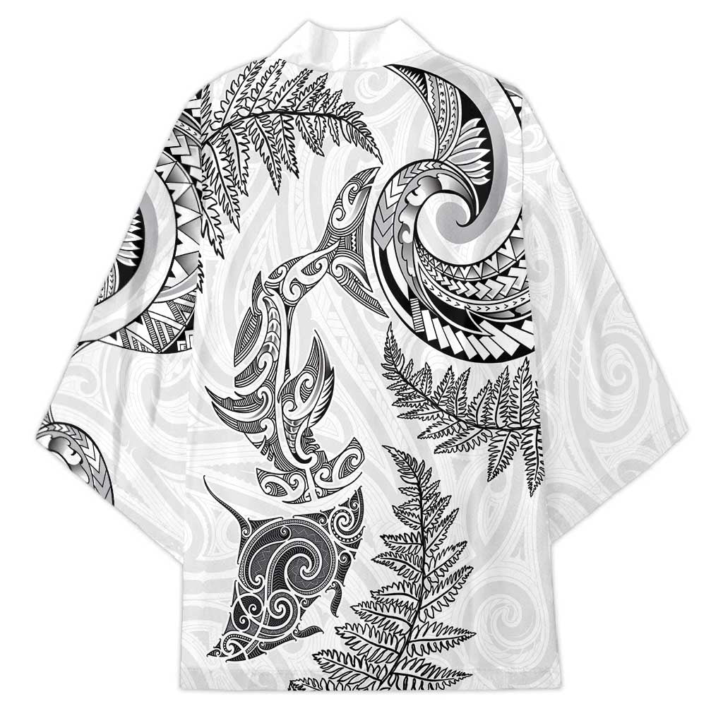 New Zealand Sea Animals with Maori Tribal Tattoo Kimono Shark Manta Ray with Silver Fern White LT03 - Polynesian Pride