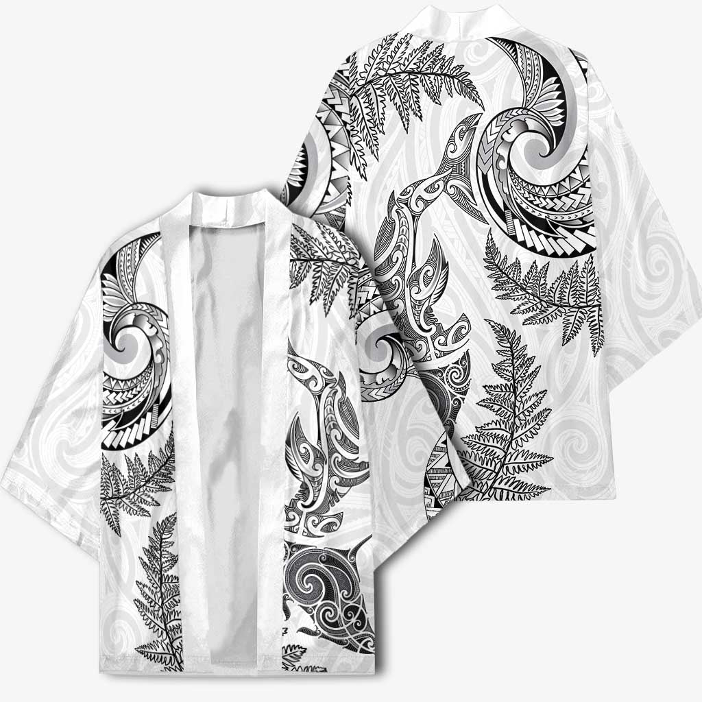 New Zealand Sea Animals with Maori Tribal Tattoo Kimono Shark Manta Ray with Silver Fern White LT03 - Polynesian Pride