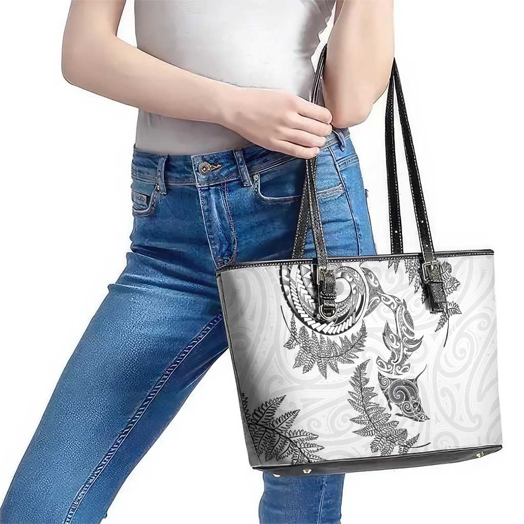 New Zealand Sea Animals with Maori Tribal Tattoo Leather Tote Bag Shark Manta Ray with Silver Fern White LT03 - Polynesian Pride