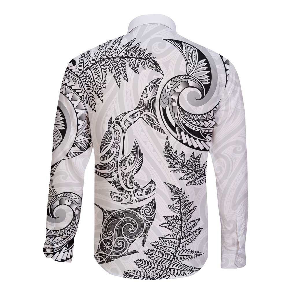 New Zealand Sea Animals with Maori Tribal Tattoo Long Sleeve Button Shirt Shark Manta Ray with Silver Fern White LT03 - Polynesian Pride