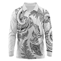 New Zealand Sea Animals with Maori Tribal Tattoo Long Sleeve Polo Shirt Shark Manta Ray with Silver Fern White LT03 White - Polynesian Pride