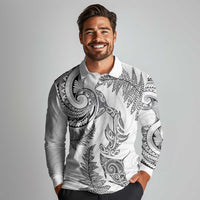 New Zealand Sea Animals with Maori Tribal Tattoo Long Sleeve Polo Shirt Shark Manta Ray with Silver Fern White LT03 - Polynesian Pride