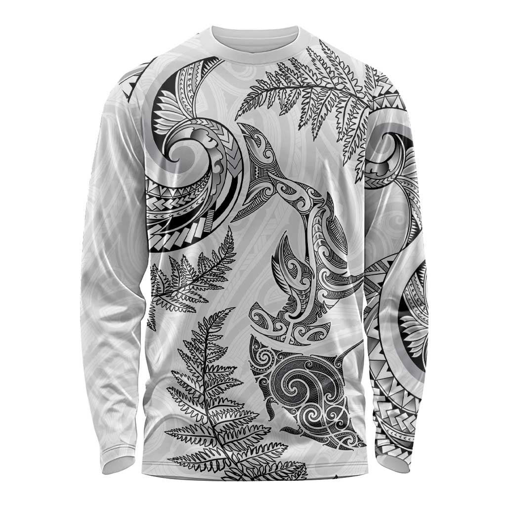 New Zealand Sea Animals with Maori Tribal Tattoo Long Sleeve Shirt Shark Manta Ray with Silver Fern White