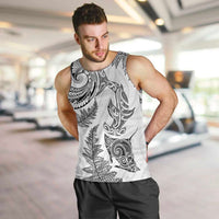 New Zealand Sea Animals with Maori Tribal Tattoo Men Tank Top Shark Manta Ray with Silver Fern White LT03 White - Polynesian Pride