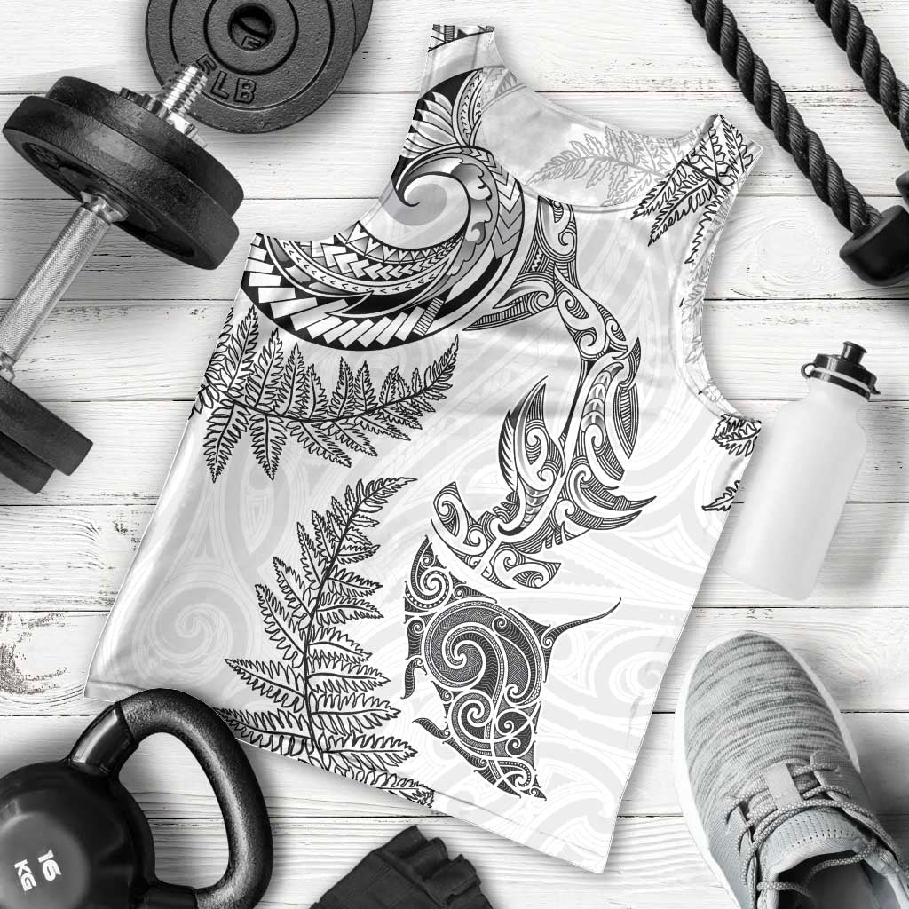 New Zealand Sea Animals with Maori Tribal Tattoo Men Tank Top Shark Manta Ray with Silver Fern White LT03 - Polynesian Pride