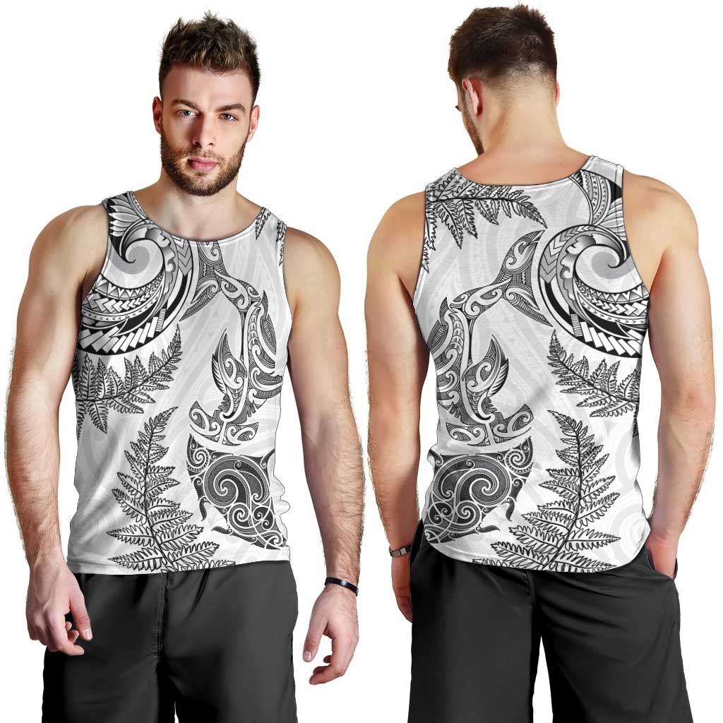 New Zealand Sea Animals with Maori Tribal Tattoo Men Tank Top Shark Manta Ray with Silver Fern White LT03 - Polynesian Pride