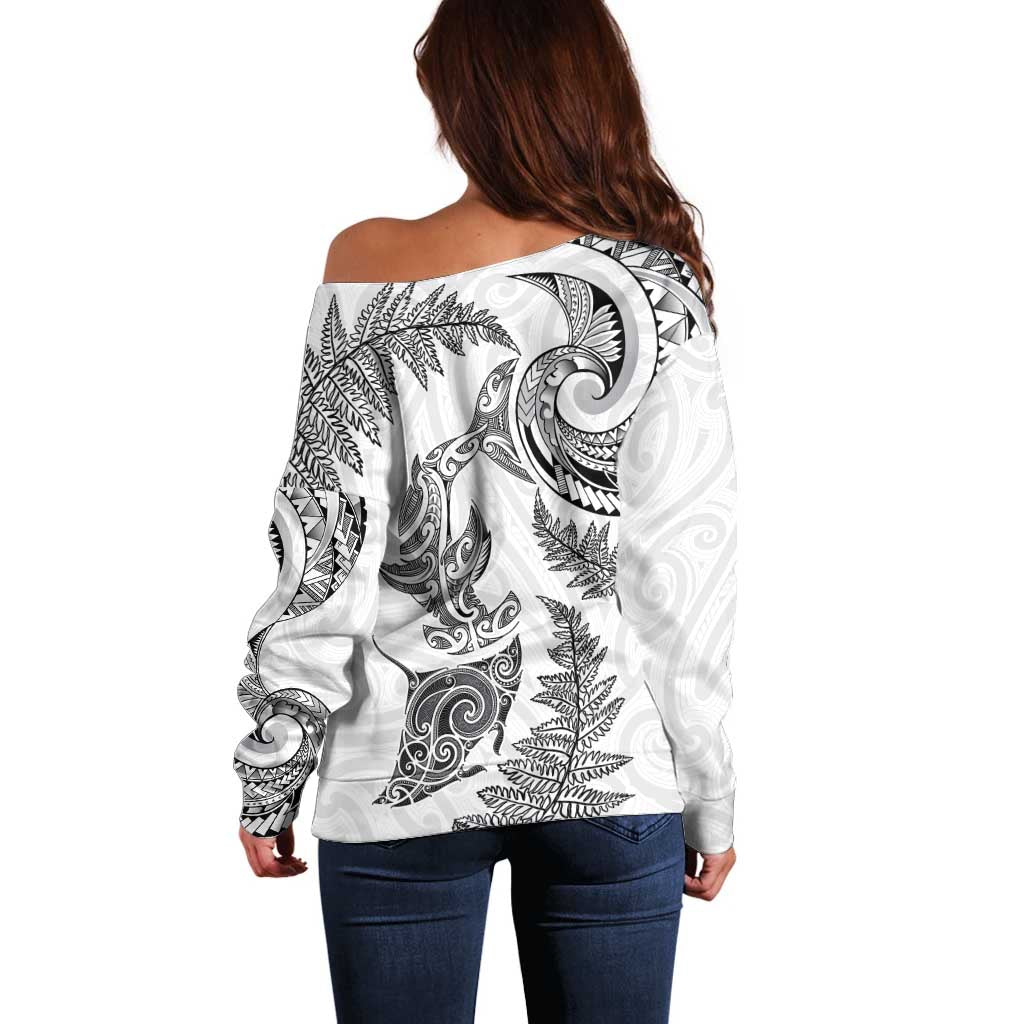 New Zealand Sea Animals with Maori Tribal Tattoo Off Shoulder Sweater Shark Manta Ray with Silver Fern White LT03 - Polynesian Pride