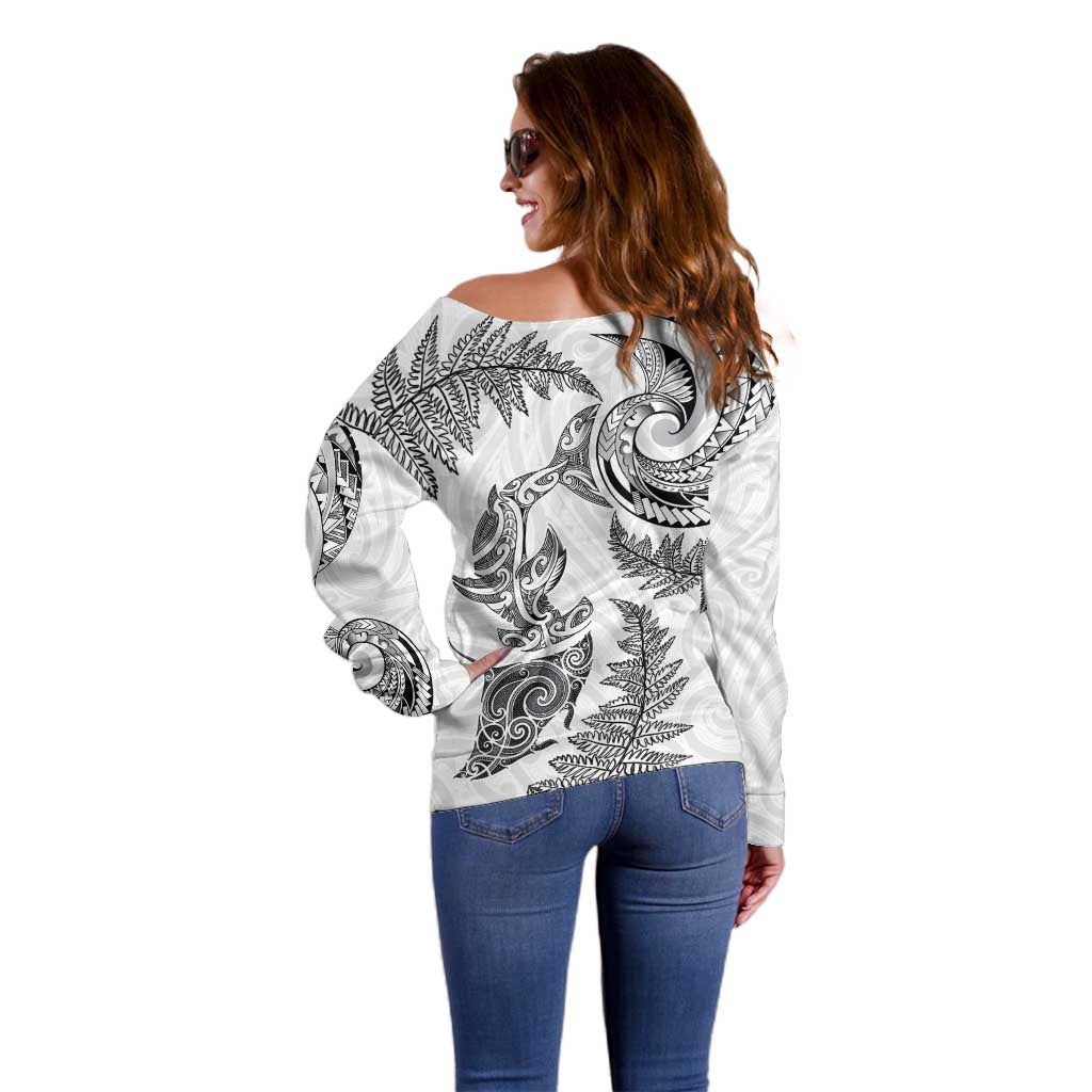 New Zealand Sea Animals with Maori Tribal Tattoo Off Shoulder Sweater Shark Manta Ray with Silver Fern White LT03 - Polynesian Pride