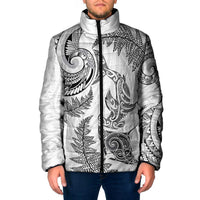 New Zealand Sea Animals with Maori Tribal Tattoo Padded Jacket Shark Manta Ray with Silver Fern White