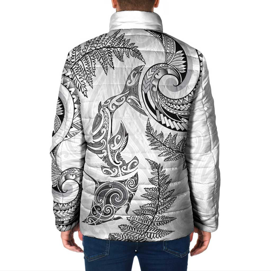 New Zealand Sea Animals with Maori Tribal Tattoo Padded Jacket Shark Manta Ray with Silver Fern White