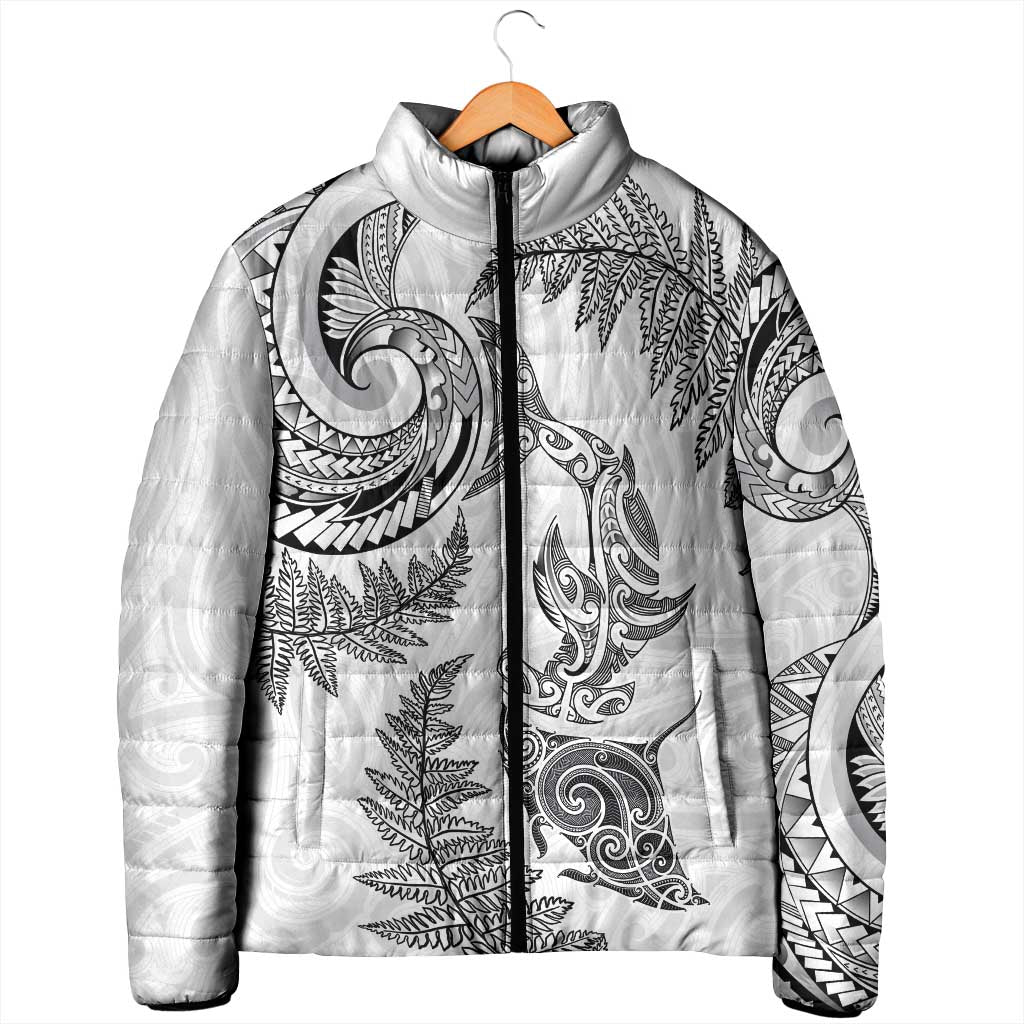 New Zealand Sea Animals with Maori Tribal Tattoo Padded Jacket Shark Manta Ray with Silver Fern White