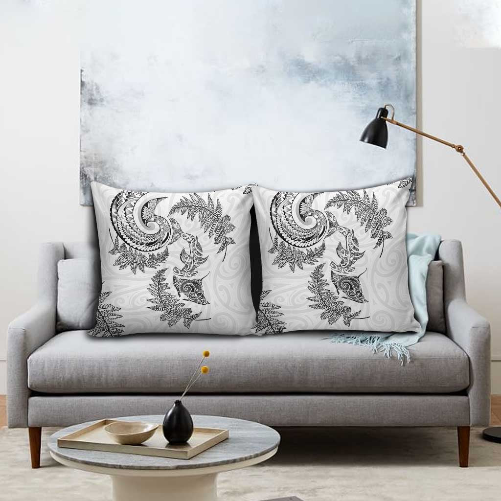New Zealand Sea Animals with Maori Tribal Tattoo Pillow Cover Shark Manta Ray with Silver Fern White LT03 - Polynesian Pride