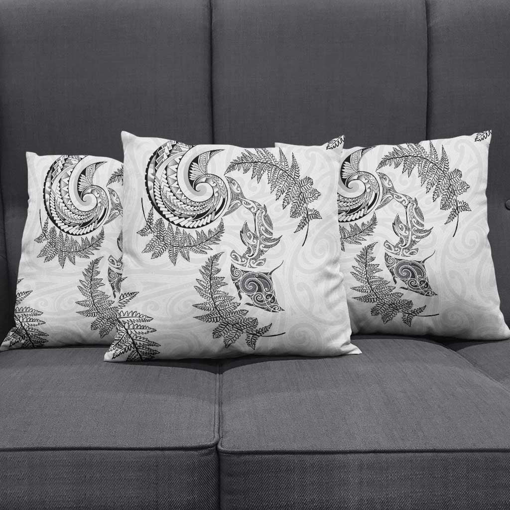 New Zealand Sea Animals with Maori Tribal Tattoo Pillow Cover Shark Manta Ray with Silver Fern White LT03 - Polynesian Pride