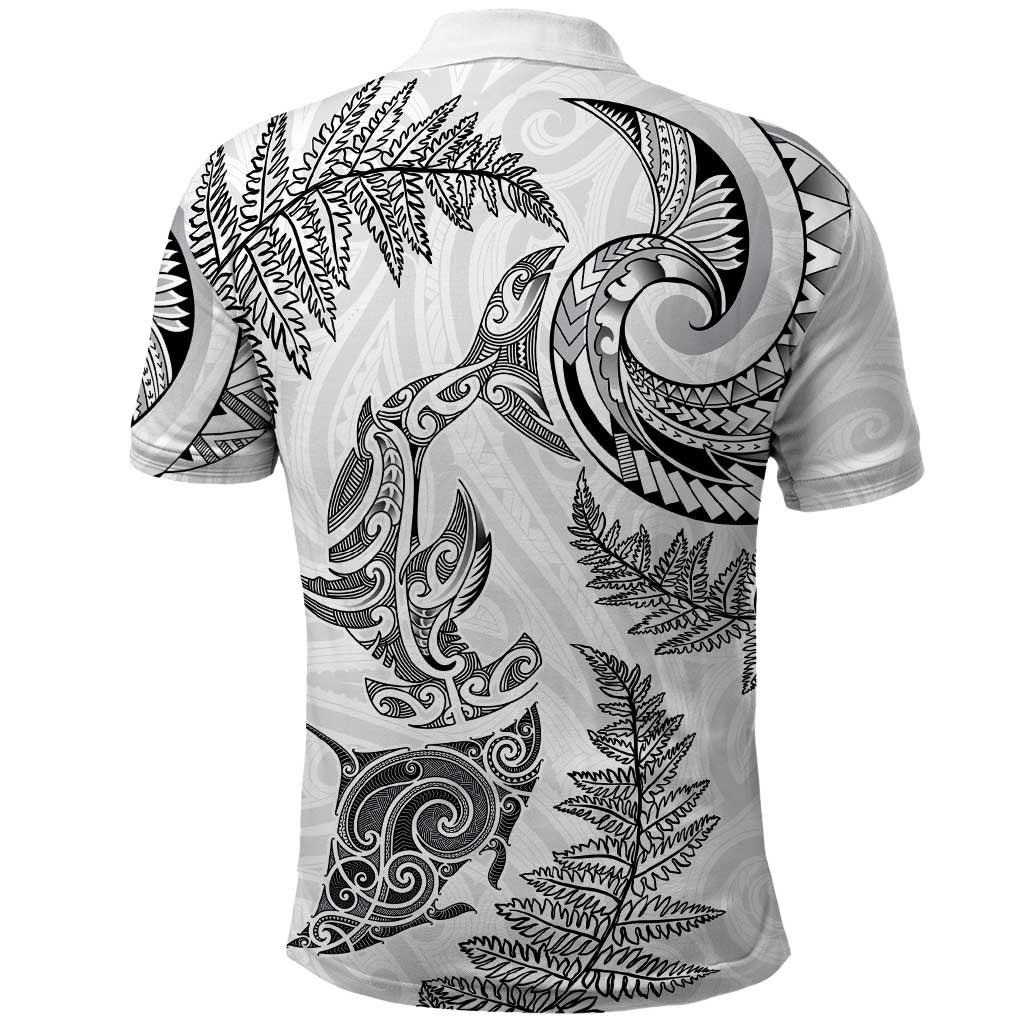 New Zealand Sea Animals with Maori Tribal Tattoo Polo Shirt Shark Manta Ray with Silver Fern White LT03 - Polynesian Pride