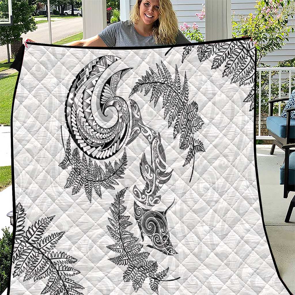 New Zealand Sea Animals with Maori Tribal Tattoo Quilt Shark Manta Ray with Silver Fern White LT03 White - Polynesian Pride