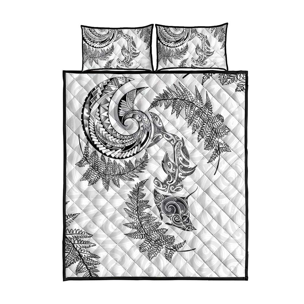 New Zealand Sea Animals with Maori Tribal Tattoo Quilt Bed Set Shark Manta Ray with Silver Fern White LT03 - Polynesian Pride