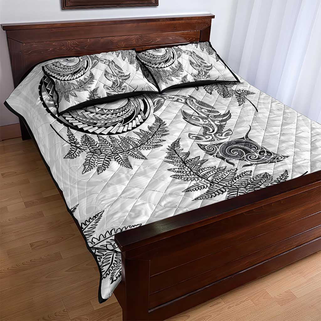 New Zealand Sea Animals with Maori Tribal Tattoo Quilt Bed Set Shark Manta Ray with Silver Fern White LT03 - Polynesian Pride