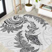 New Zealand Sea Animals with Maori Tribal Tattoo Round Carpet Shark Manta Ray with Silver Fern White LT03 White - Polynesian Pride
