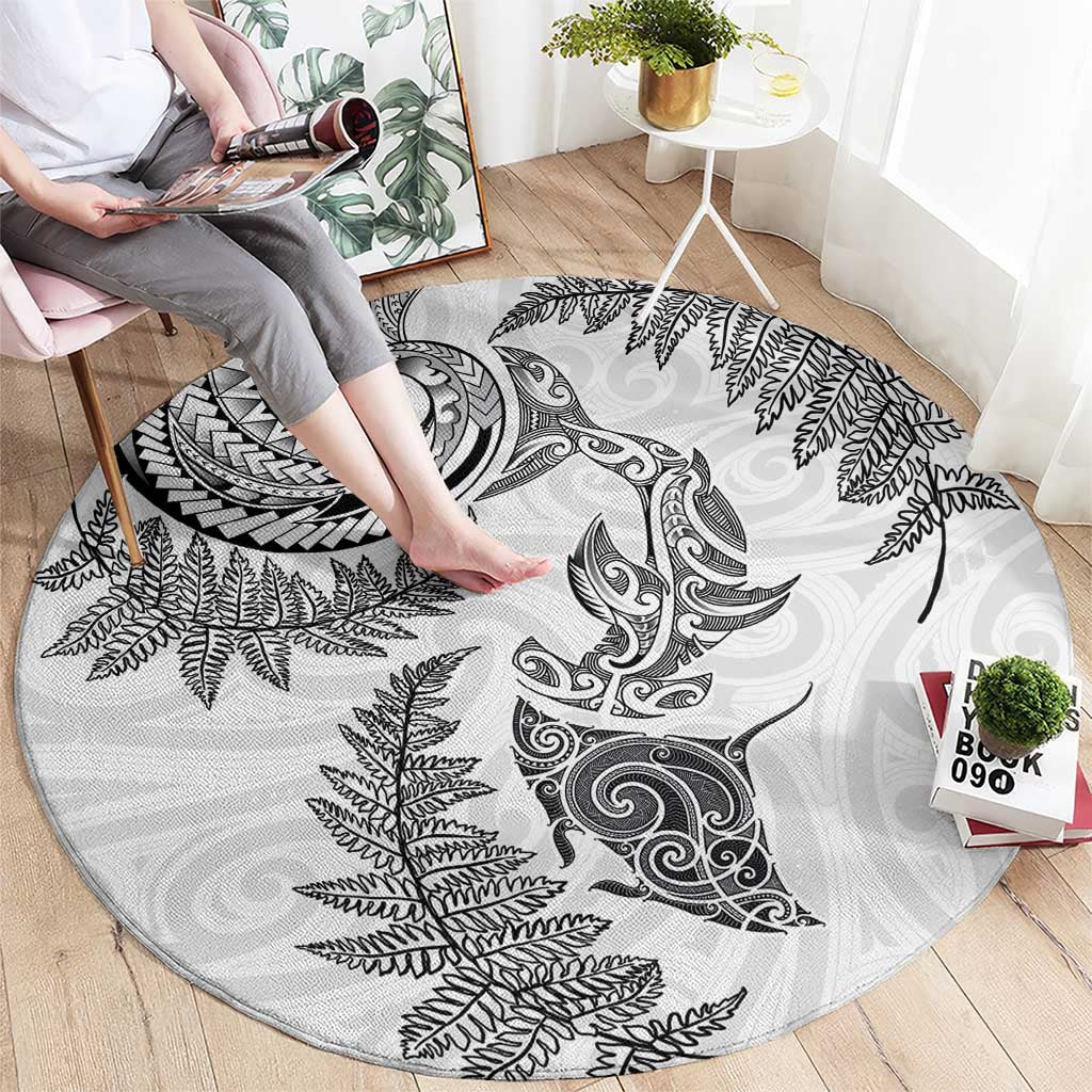 New Zealand Sea Animals with Maori Tribal Tattoo Round Carpet Shark Manta Ray with Silver Fern White LT03 - Polynesian Pride