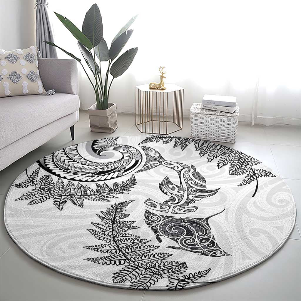 New Zealand Sea Animals with Maori Tribal Tattoo Round Carpet Shark Manta Ray with Silver Fern White LT03 - Polynesian Pride