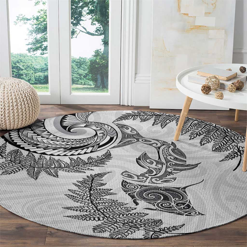 New Zealand Sea Animals with Maori Tribal Tattoo Round Carpet Shark Manta Ray with Silver Fern White LT03 - Polynesian Pride