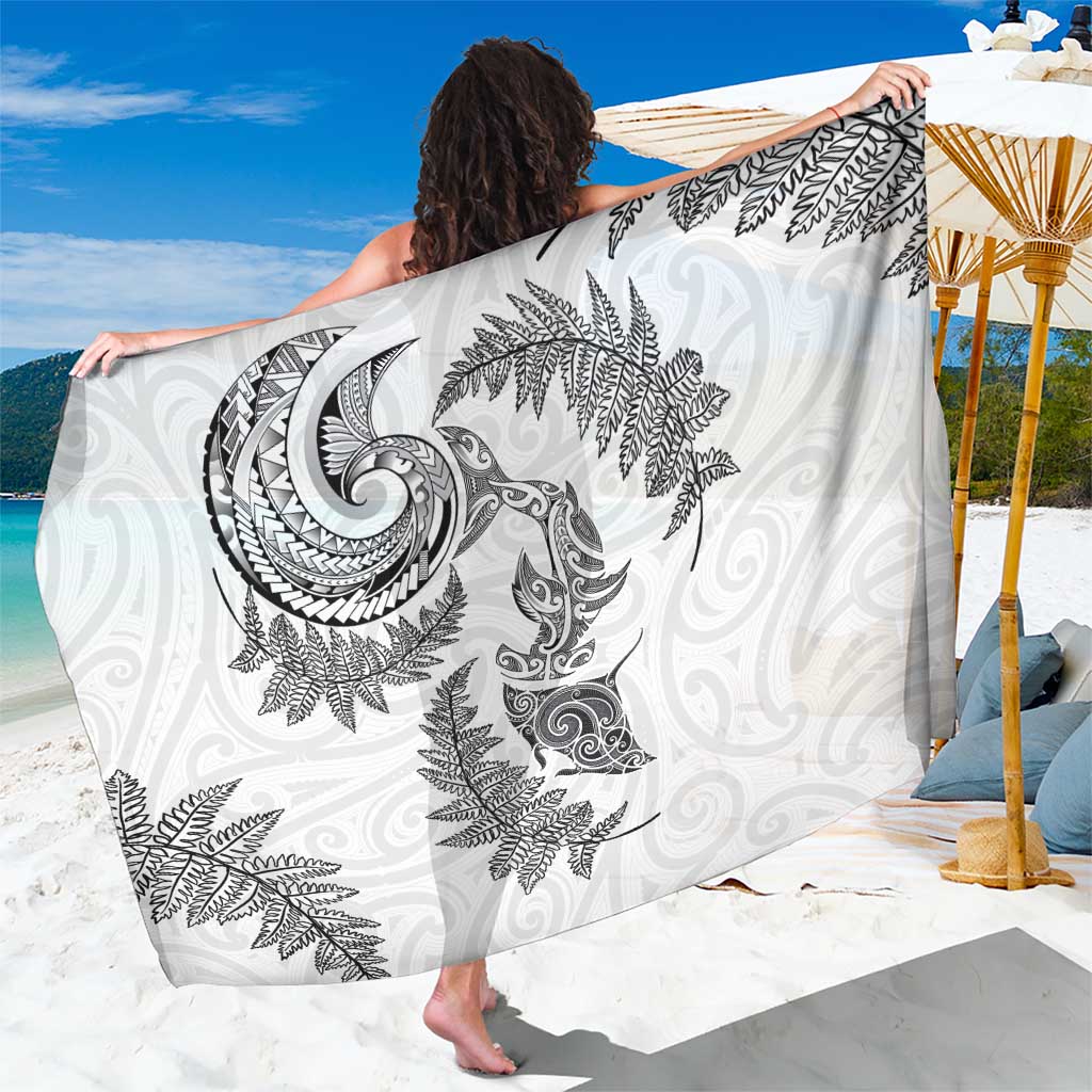 New Zealand Sea Animals with Maori Tribal Tattoo Sarong Shark Manta Ray with Silver Fern White LT03 One Size 44 x 66 inches White - Polynesian Pride