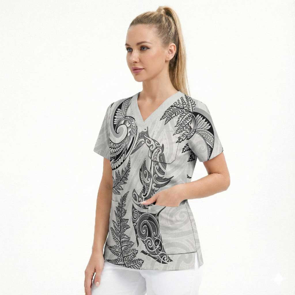 New Zealand Sea Animals with Maori Tribal Tattoo Scrub Top Shark Manta Ray with Silver Fern White
