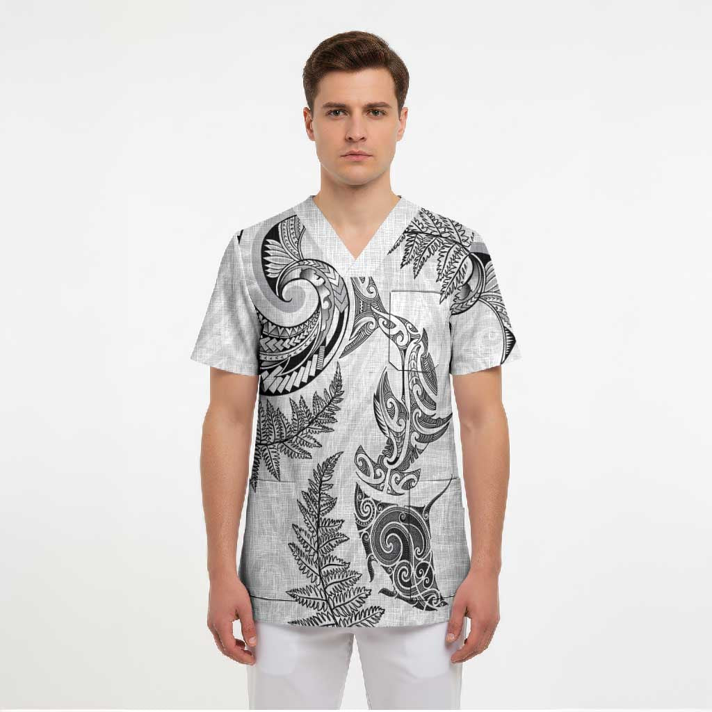 New Zealand Sea Animals with Maori Tribal Tattoo Scrub Top Shark Manta Ray with Silver Fern White