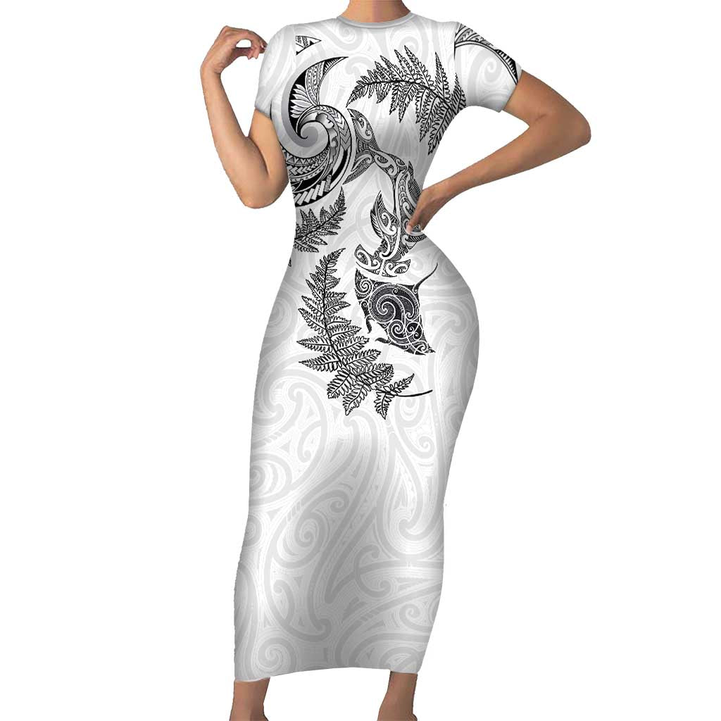 New Zealand Sea Animals with Maori Tribal Tattoo Short Sleeve Bodycon Dress Shark Manta Ray with Silver Fern White LT03 Long Dress White - Polynesian Pride
