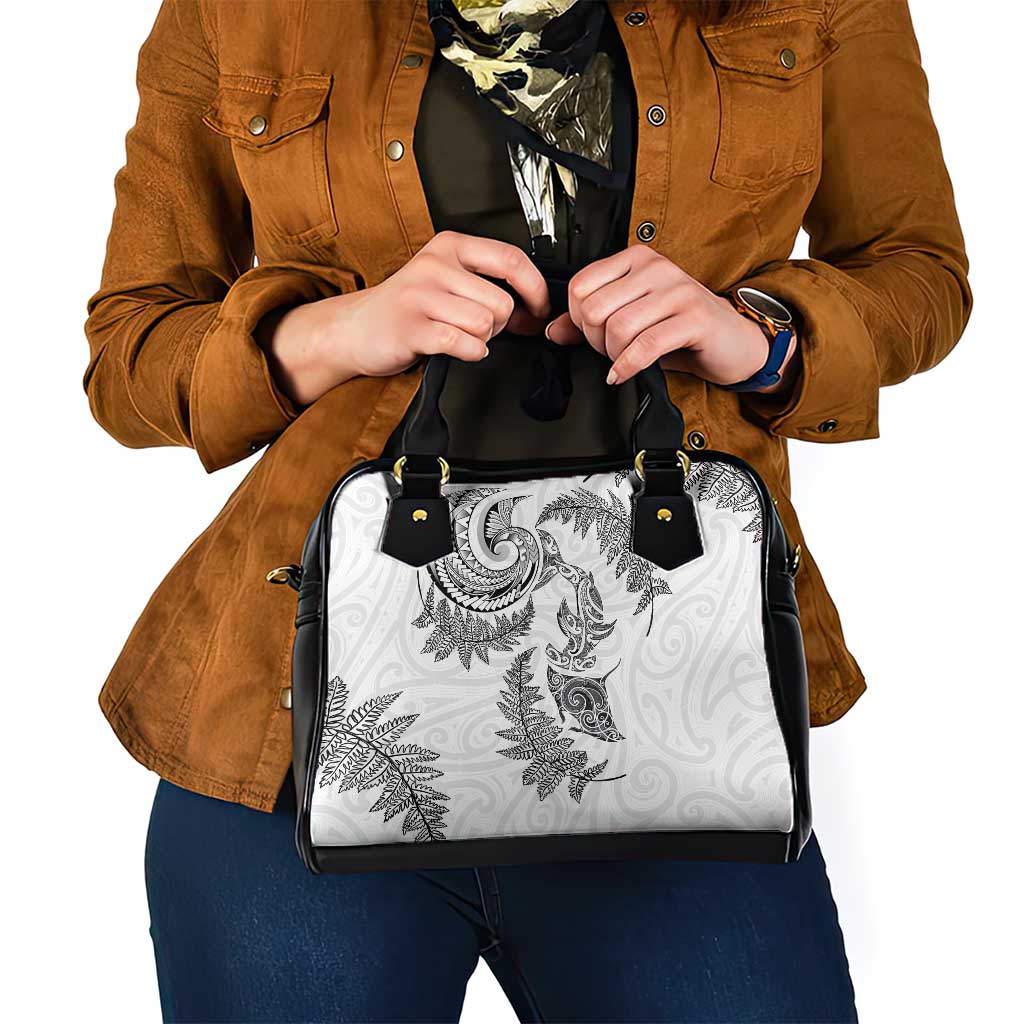 New Zealand Sea Animals with Maori Tribal Tattoo Shoulder Handbag Shark Manta Ray with Silver Fern White LT03 - Polynesian Pride