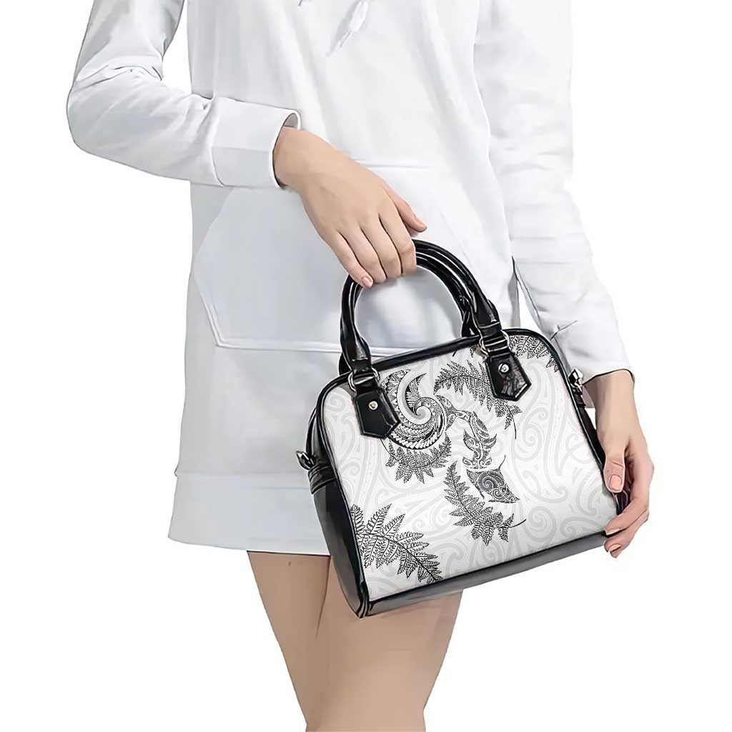 New Zealand Sea Animals with Maori Tribal Tattoo Shoulder Handbag Shark Manta Ray with Silver Fern White LT03 - Polynesian Pride