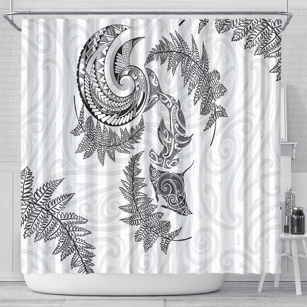 New Zealand Sea Animals with Maori Tribal Tattoo Shower Curtain Shark Manta Ray with Silver Fern White LT03 - Polynesian Pride