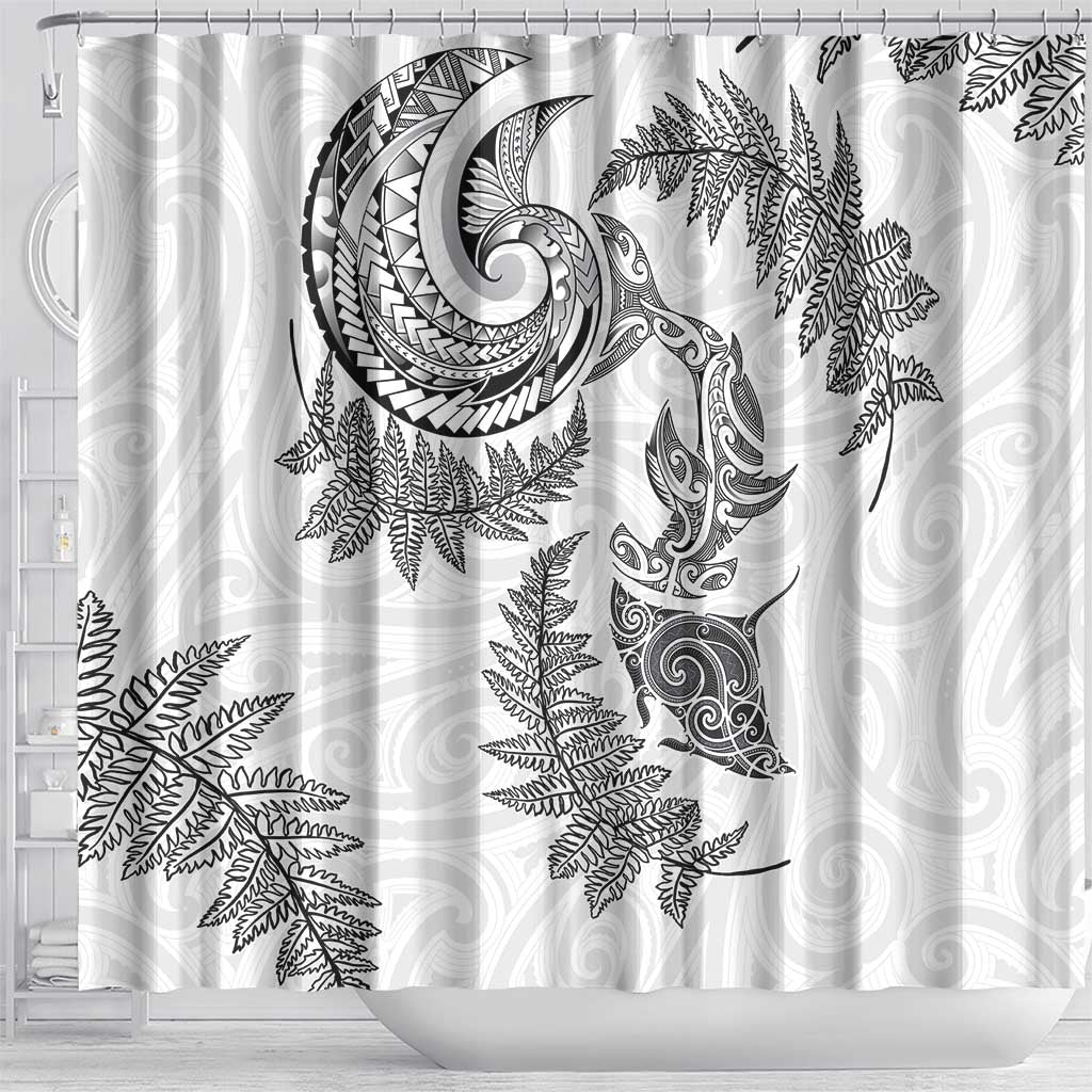 New Zealand Sea Animals with Maori Tribal Tattoo Shower Curtain Shark Manta Ray with Silver Fern White LT03 - Polynesian Pride