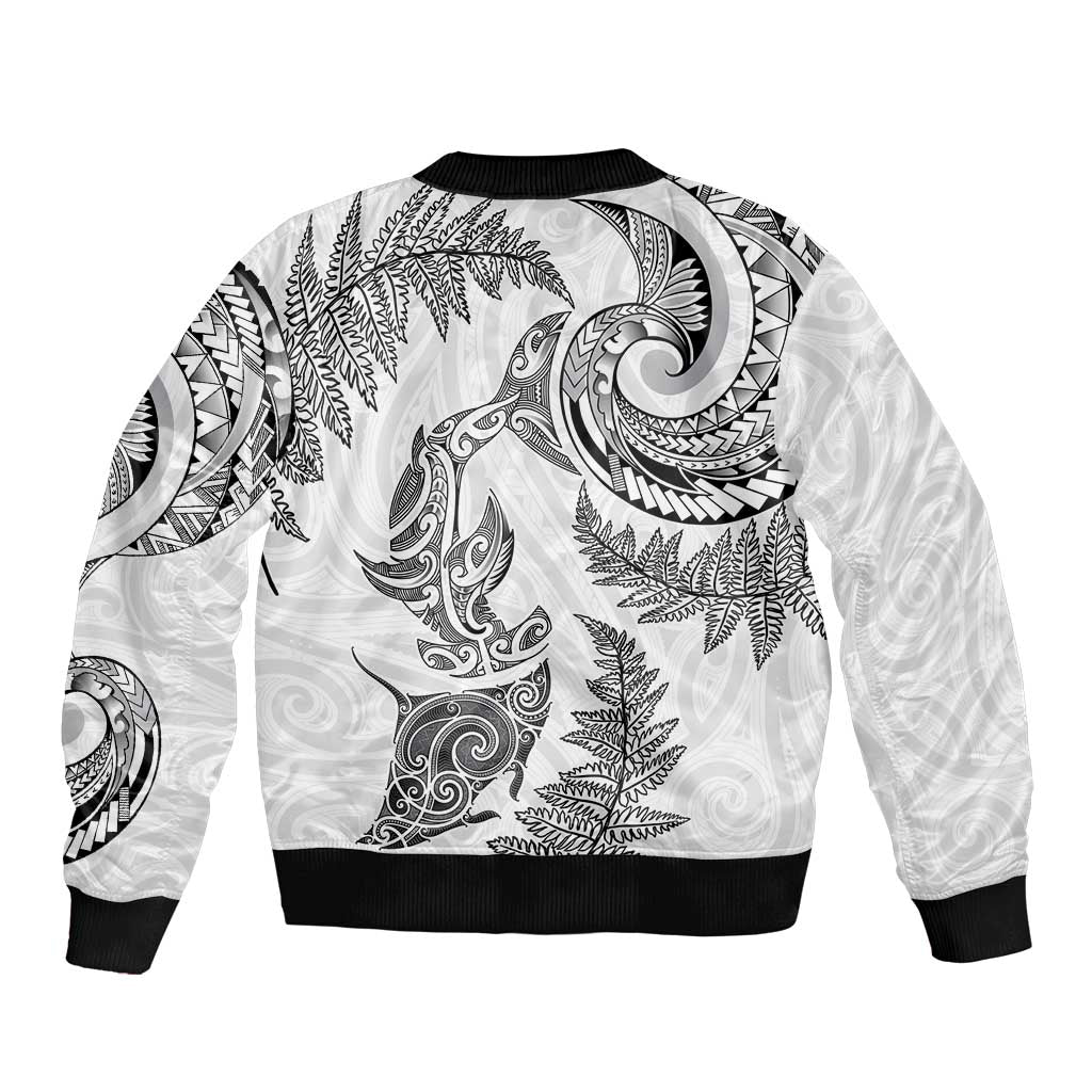 New Zealand Sea Animals with Maori Tribal Tattoo Sleeve Zip Bomber Jacket Shark Manta Ray with Silver Fern White LT03 - Polynesian Pride