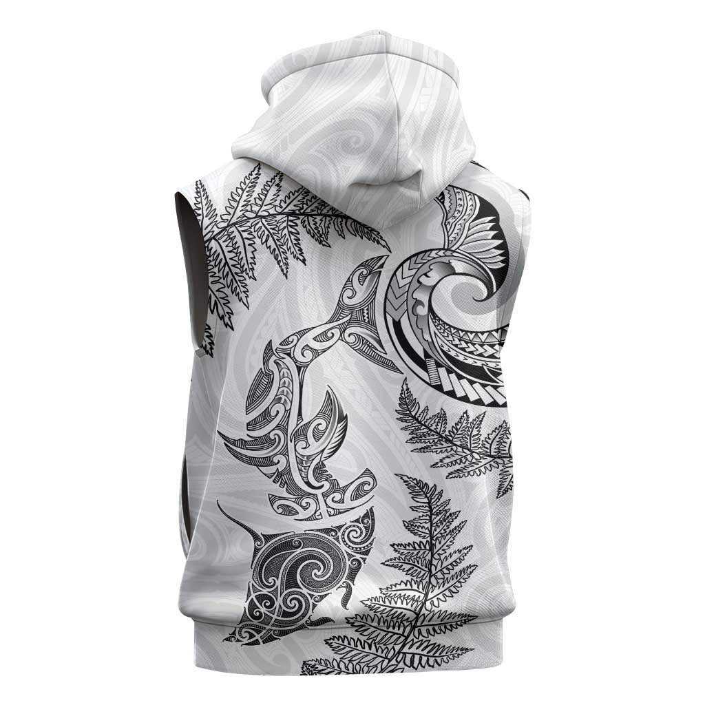 New Zealand Sea Animals with Maori Tribal Tattoo Sleeveless Hoodie Shark Manta Ray with Silver Fern White