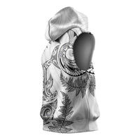 New Zealand Sea Animals with Maori Tribal Tattoo Sleeveless Hoodie Shark Manta Ray with Silver Fern White