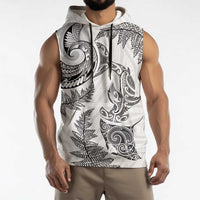 New Zealand Sea Animals with Maori Tribal Tattoo Sleeveless Hoodie Shark Manta Ray with Silver Fern White
