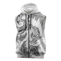 New Zealand Sea Animals with Maori Tribal Tattoo Sleeveless Zip Hoodie Shark Manta Ray with Silver Fern White