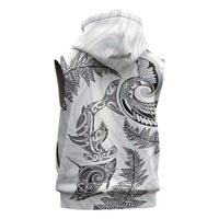 New Zealand Sea Animals with Maori Tribal Tattoo Sleeveless Zip Hoodie Shark Manta Ray with Silver Fern White