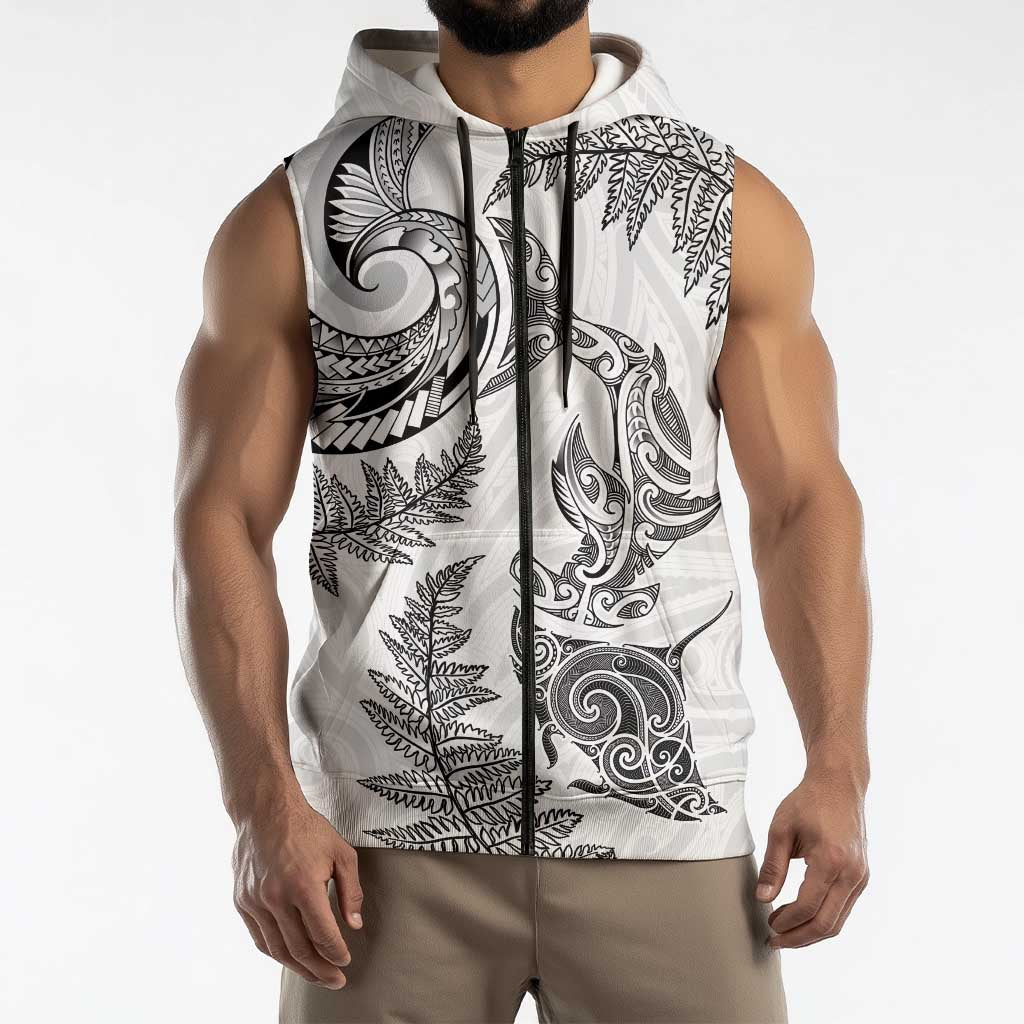 New Zealand Sea Animals with Maori Tribal Tattoo Sleeveless Zip Hoodie Shark Manta Ray with Silver Fern White