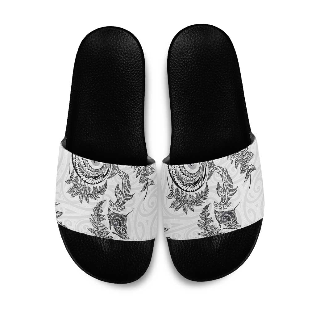 New Zealand Sea Animals with Maori Tribal Tattoo Slide Sandals Shark Manta Ray with Silver Fern White