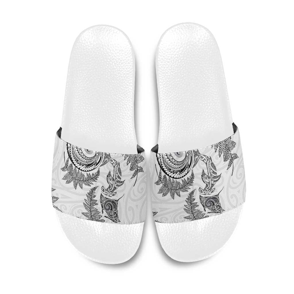 New Zealand Sea Animals with Maori Tribal Tattoo Slide Sandals Shark Manta Ray with Silver Fern White LT03 White - Polynesian Pride