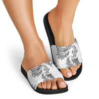 New Zealand Sea Animals with Maori Tribal Tattoo Slide Sandals Shark Manta Ray with Silver Fern White LT03 - Polynesian Pride