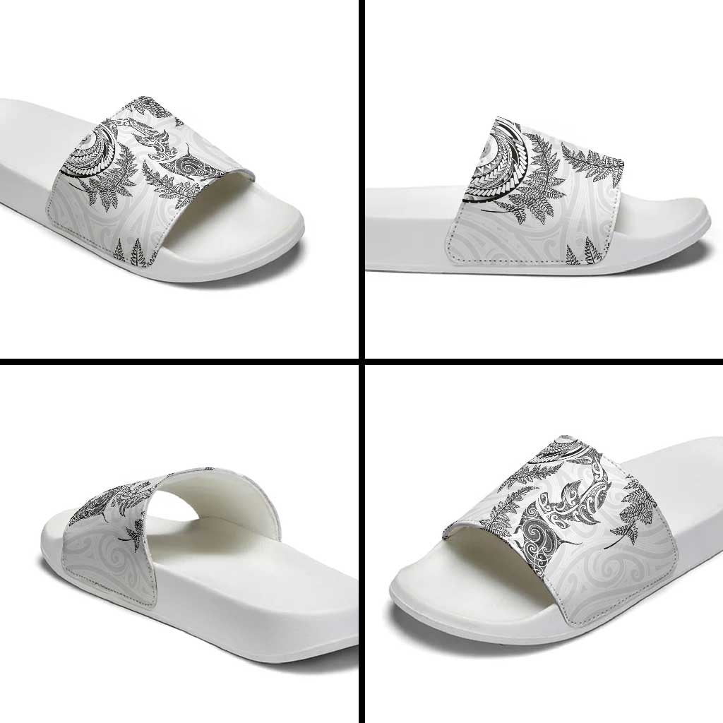 New Zealand Sea Animals with Maori Tribal Tattoo Slide Sandals Shark Manta Ray with Silver Fern White LT03 - Polynesian Pride