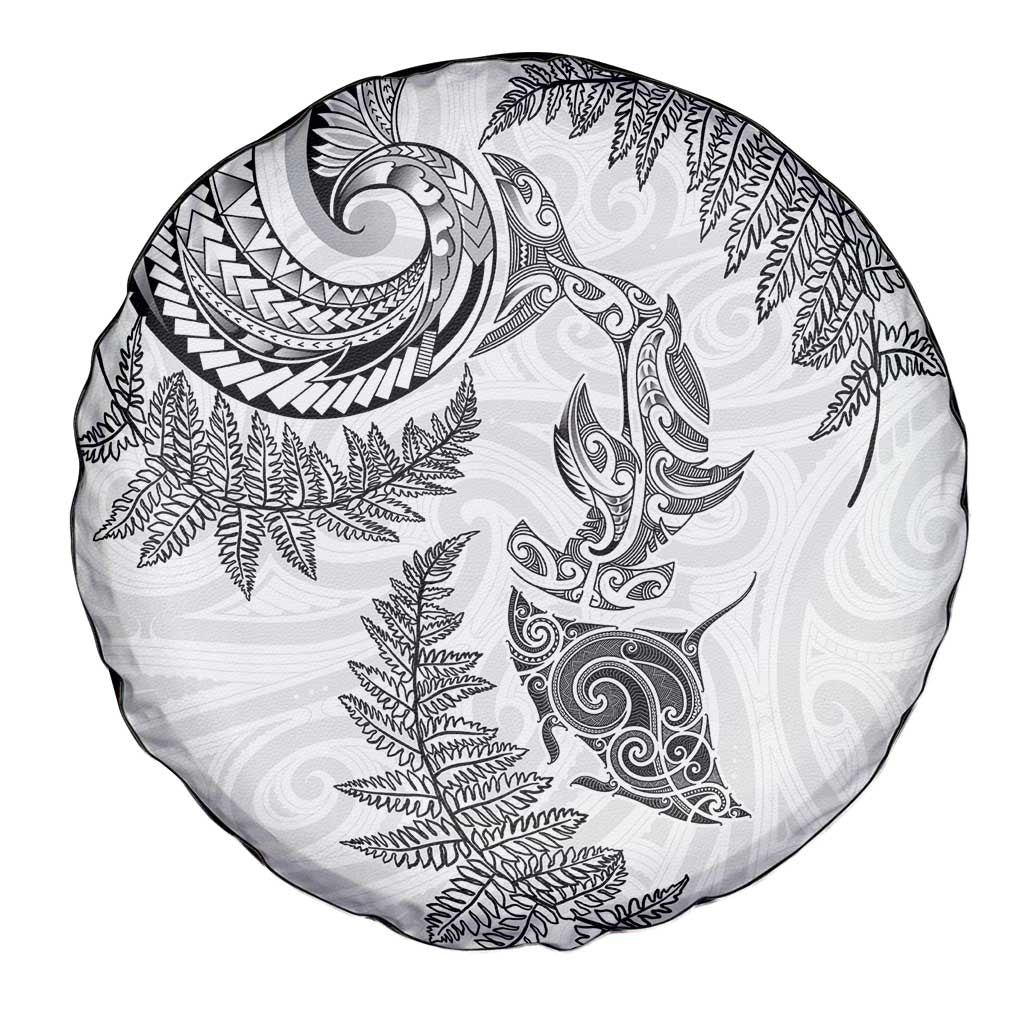New Zealand Sea Animals with Maori Tribal Tattoo Spare Tire Cover Shark Manta Ray with Silver Fern White LT03 - Polynesian Pride