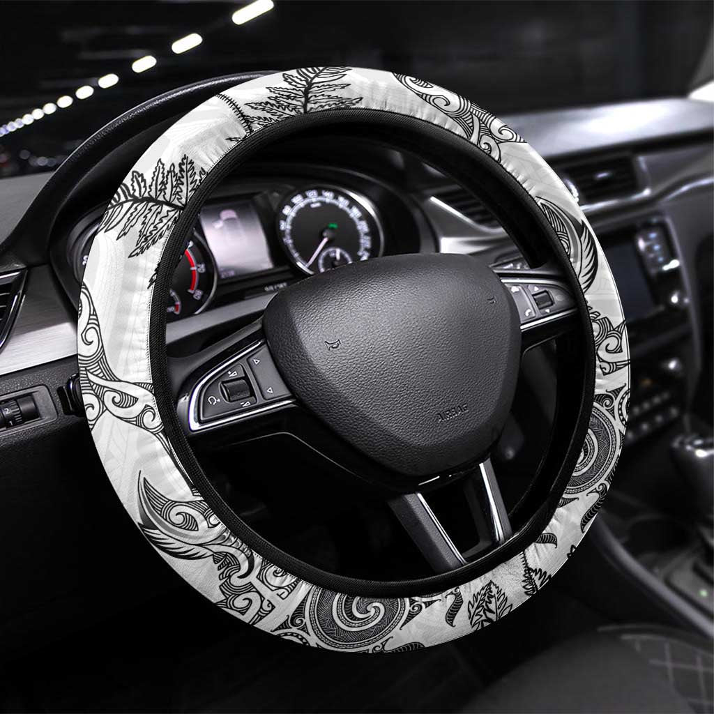 New Zealand Sea Animals with Maori Tribal Tattoo Steering Wheel Cover Shark Manta Ray with Silver Fern White LT03 Universal Fit White - Polynesian Pride