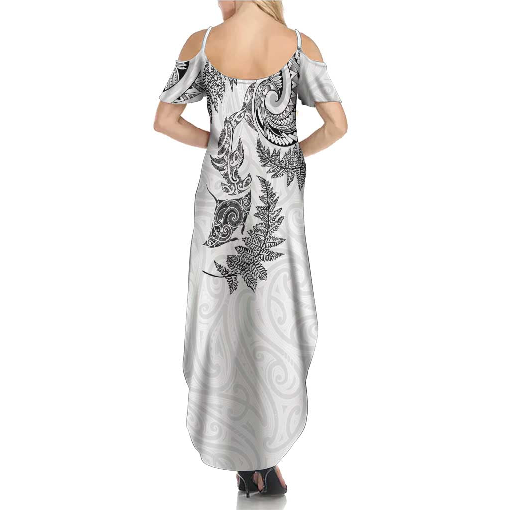 New Zealand Sea Animals with Maori Tribal Tattoo Summer Maxi Dress Shark Manta Ray with Silver Fern White LT03 - Polynesian Pride