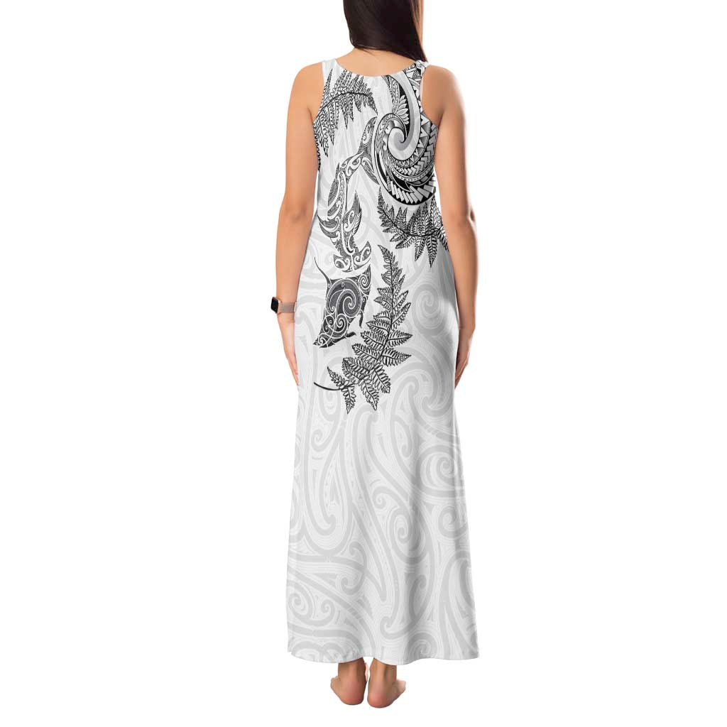 New Zealand Sea Animals with Maori Tribal Tattoo Tank Maxi Dress Shark Manta Ray with Silver Fern White